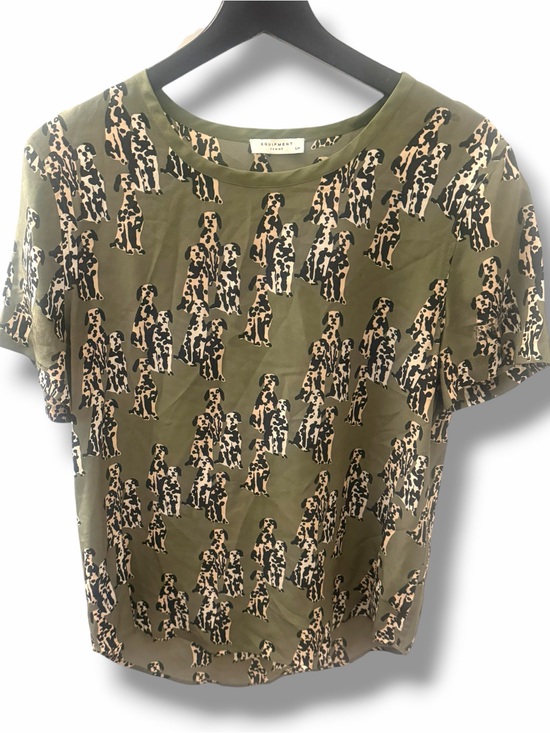 Equipment Tops - Equipment Olive Green Short Sleeve Top with Dalmatian Dog Print